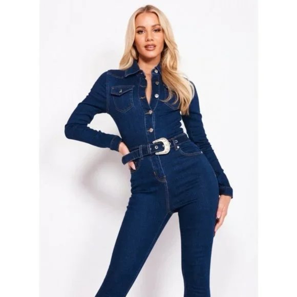 Blue Denim Jeans Long Sleeve Belted Bodycon Jumpsuit Playsuit - Picture 9 of 15
